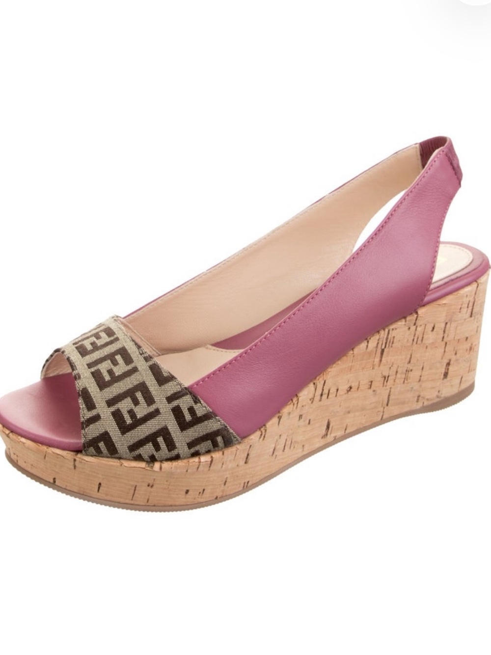 Fendi Women’s Pink Cork Wedge Slingback Sandals